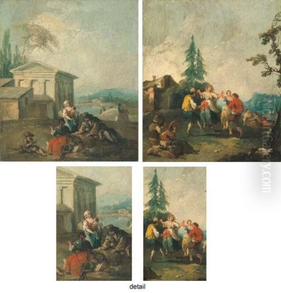 Paysans Se Reposant Pres D'un Lac; Et Paysans Dansant Oil Painting by Francesco Zuccarelli