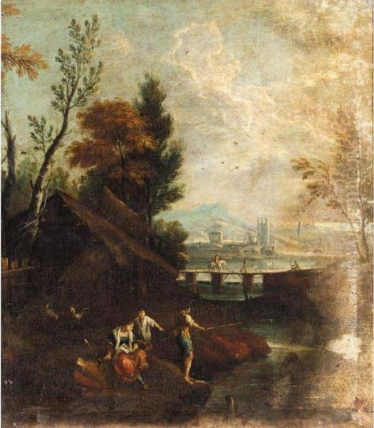 River Landscape With Figures Fishing In The Foreground Before A Cottage Oil Painting by Francesco Zuccarelli