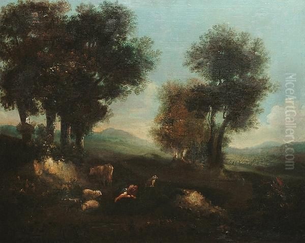 A Pastoral Landscape With A Shepherd Resting Oil Painting by Francesco Zuccarelli