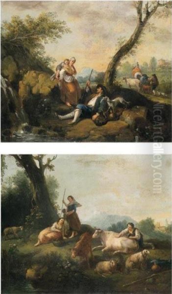 Paesaggio Arcadico Con 
Cascatella E Viandanti; Paesaggio Arcadico Con Ruscello In Primo Piano E
 Pastorelle Oil Painting by Francesco Zuccarelli