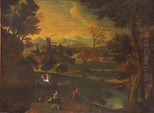 An Extensive Classical Landscape With Figures In The Foreground Oil Painting by Francesco Zuccarelli