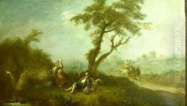 Pastoral Landscape With Resting Wayfarer And Travelers On Aroad Oil Painting by Francesco Zuccarelli