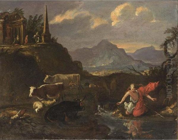 An Extensive Mountainous Landscape With Narcissus Gazing In A Pond Oil Painting by Francesco Zuccarelli