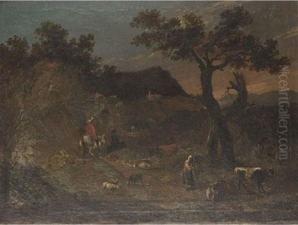 A Landscape With A Traveller On A Path And A Sherperdess Tending Her Flock Oil Painting by Francesco Zuccarelli