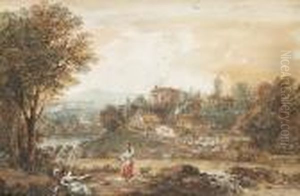 River Landscape With Buildings 
And A Church On The Far Bank And Two Women In The Foreground by Francesco Zuccarelli