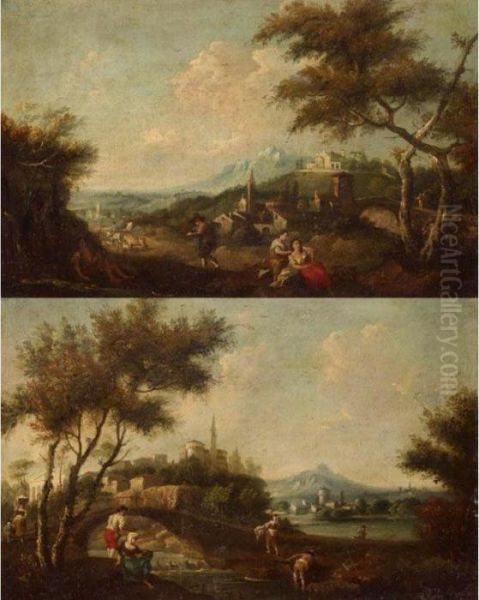 An Extensive Landscape With A Fisherman And Maids Beside A Pool, A Town Beyond Oil Painting by Francesco Zuccarelli