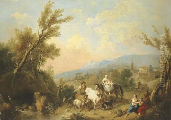 A Landscape With Peasants And Animals By A River With A Fortifiedtown On A Ridge Beyond Oil Painting by Francesco Zuccarelli