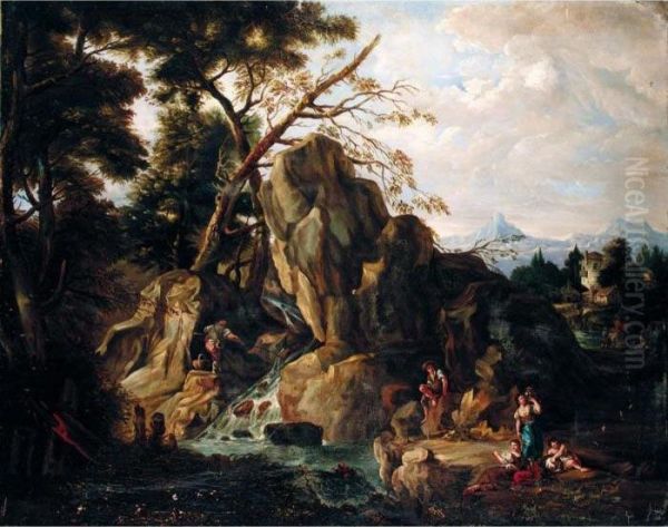 A Mountainous Landscape With Figures Fishing And Resting By A Stream Oil Painting by Francesco Zuccarelli