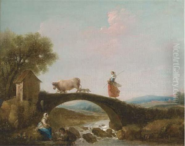 A River Landscape With A Girl Walking Over A Bridge, Anglers Beneath Oil Painting by Francesco Zuccarelli