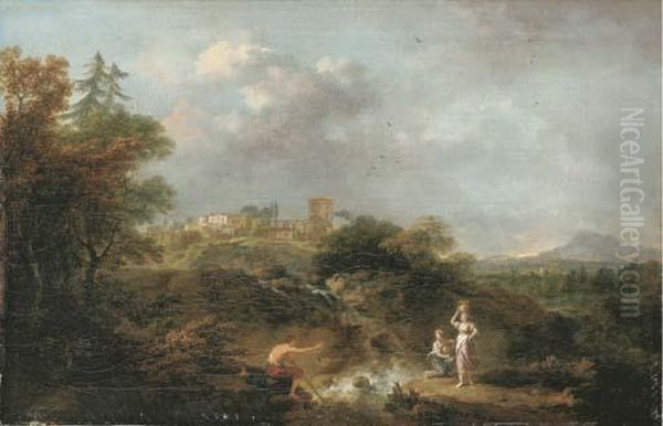 An Italianate River Landscape With A Herdsman And Women Fetching Water Oil Painting by Francesco Zuccarelli