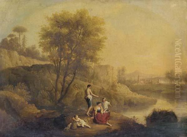 Peasants Resting And Fishing By The Riverbank Oil Painting by Francesco Zuccarelli