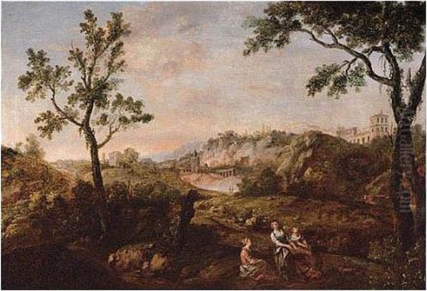 An Italianate Landscape With Peasants By A Path Oil Painting by Francesco Zuccarelli