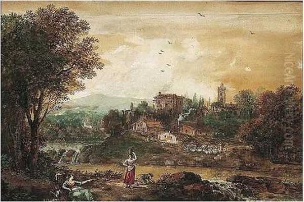 Women Washing Clothes In A River, Their Village On The Opposite Bank Oil Painting by Francesco Zuccarelli