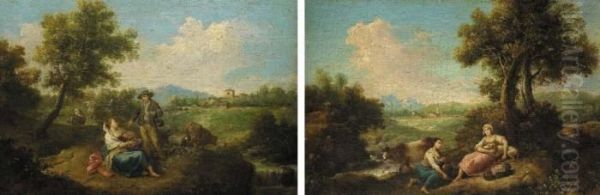 Shepherdesses In Pastoral Landscapes Oil Painting by Francesco Zuccarelli