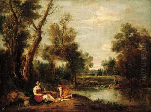 A Wooded River Landscape With Figures Resting On A Bank Oil Painting by Francesco Zuccarelli