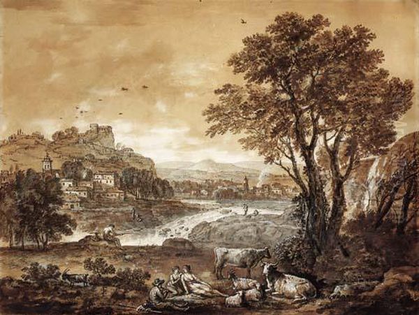 An Extensive River Landscape With Shepherds Resting Under A Tree By A Cascade Oil Painting by Francesco Zuccarelli