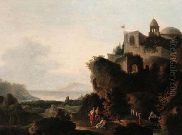 An Italianate Coastal Landscape With Peasants Before A Fortifiedhilltop Castle Oil Painting by Francesco Zuccarelli