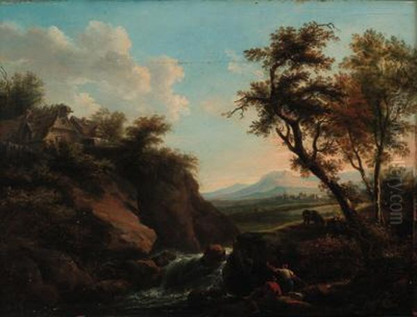 Figures In A Rocky River Landscape With A Town Beyond Oil Painting by Francesco Zuccarelli