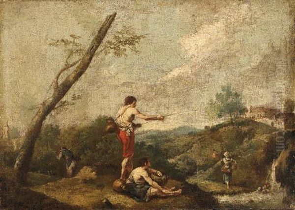 Zuccarelli, F.
An Italianate Landscape With Fishermen On The Banks Of A Stream, Awater Carrier Nearby Oil Painting by Francesco Zuccarelli