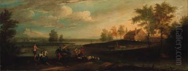 An Extensive River Landscape With Shepherds And Anglers On Abank Oil Painting by Francesco Zuccarelli