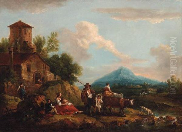 A Landscape With A Drover And Peasants On A River Bank Near Afarmhouse Oil Painting by Francesco Zuccarelli