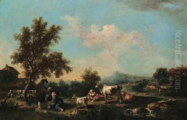 A River Landscape With Peasants, Cattle And Goats Near Farmbuildings Oil Painting by Francesco Zuccarelli