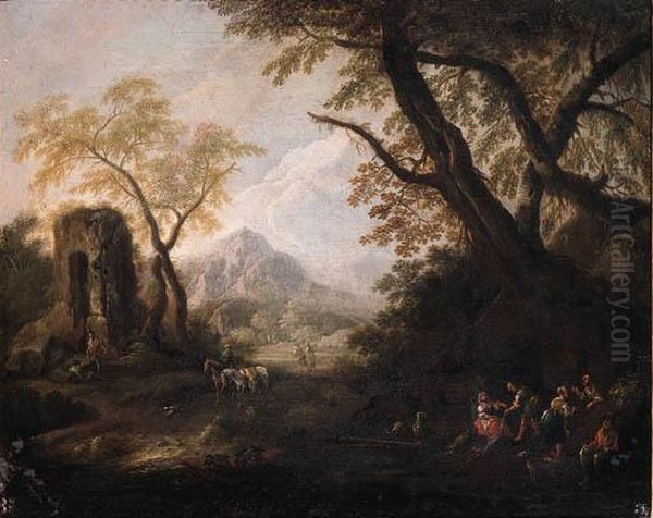 Gypsies On A River-bank In An Italianate Landscape Oil Painting by Francesco Zuccarelli