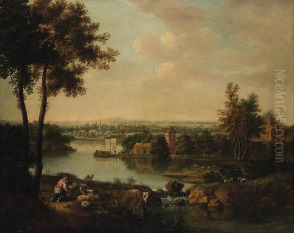 An Extensive River Landscape With A Maid Milking Goats On A Bank, Avillage Beyond Oil Painting by Francesco Zuccarelli