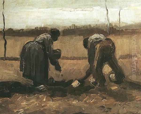 Peasant And Peasant Woman Planting Potatoes Oil Painting by Vincent Van Gogh