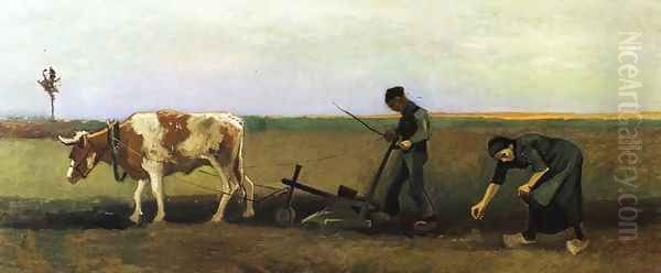 Ploughman with Woman Planting Potatoes Oil Painting by Vincent Van Gogh