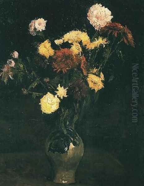 Vase With Carnations And Zinnias Oil Painting by Vincent Van Gogh