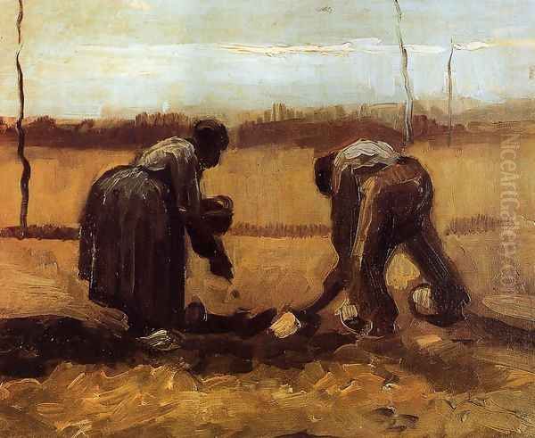 Peasant Man and Woman Planting Potatoes Oil Painting by Vincent Van Gogh