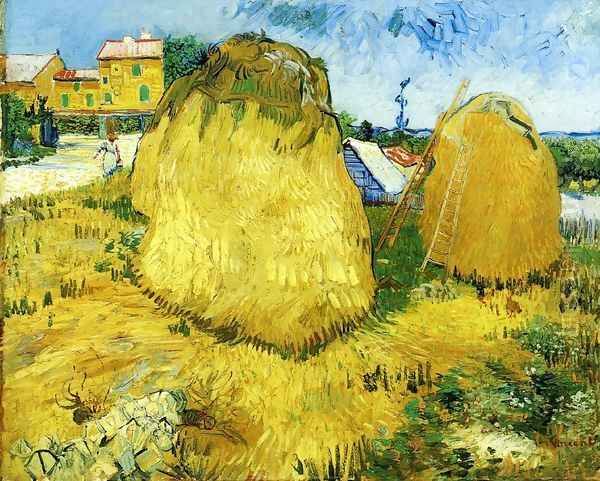 Stacks of Wheat near a Farmhouse Oil Painting by Vincent Van Gogh