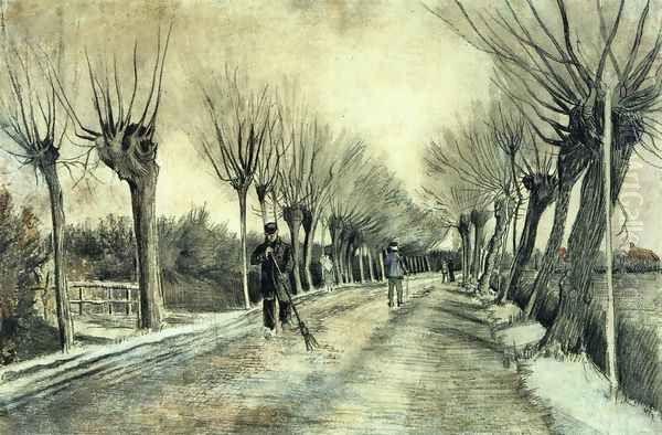 Road with Pollarded Willows and a Man with a Broom Oil Painting by Vincent Van Gogh