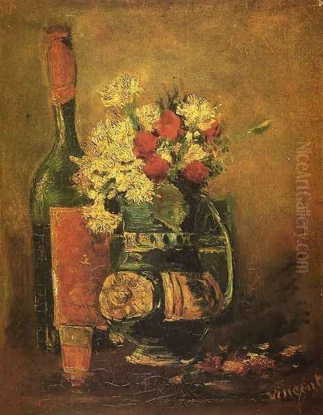 Vase with Carnations and Bottle Oil Painting by Vincent Van Gogh