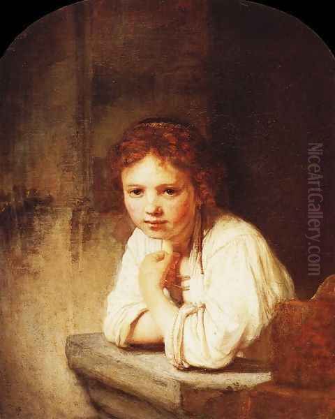 A Girl at a Window Oil Painting by Rembrandt Van Rijn