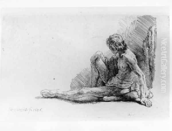 Nude Man Seated on the Ground with One Leg Extended Oil Painting by Rembrandt Van Rijn