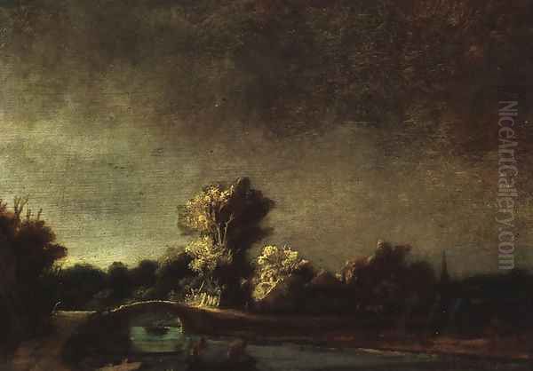 Landscape with a Stone Bridge c. 1637 Oil Painting by Rembrandt Van Rijn