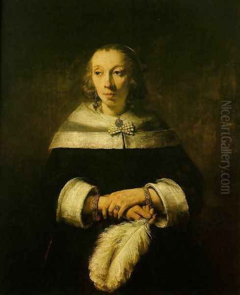 Portrait of a Lady with an Ostrich-Feather Fan c. 1660 Oil Painting by Rembrandt Van Rijn