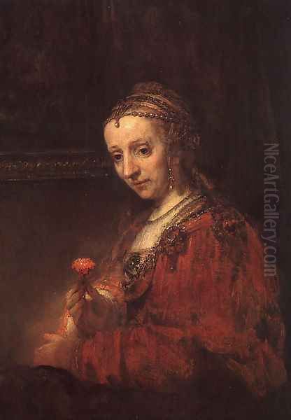 Lady with a Pink Oil Painting by Rembrandt Van Rijn