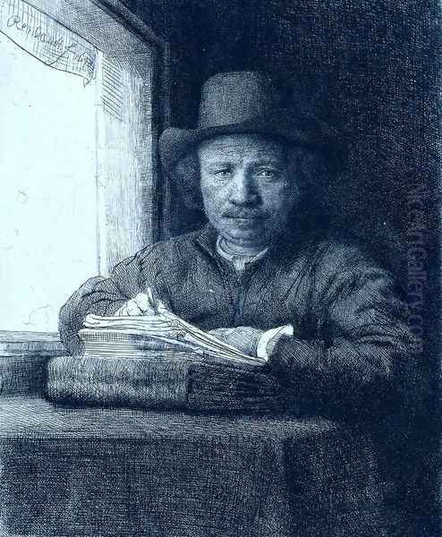 Rembrandt drawing at a window Oil Painting by Rembrandt Van Rijn