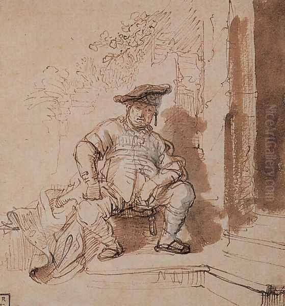 Seated Man Wearing a Flat Cap Oil Painting by Rembrandt Van Rijn