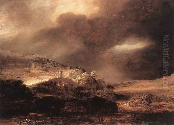 Stormy Landscape c. 1638 Oil Painting by Rembrandt Van Rijn