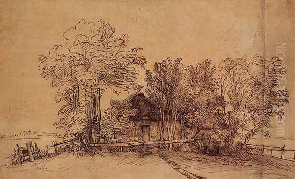 Cottage Among Trees 1650-51 Oil Painting by Rembrandt Van Rijn