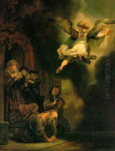 The Archangel Leaving the Family of Tobias 1637 Oil Painting by Rembrandt Van Rijn