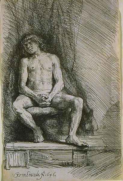 Study from the Nude Man Seated before a Curtain Oil Painting by Rembrandt Van Rijn