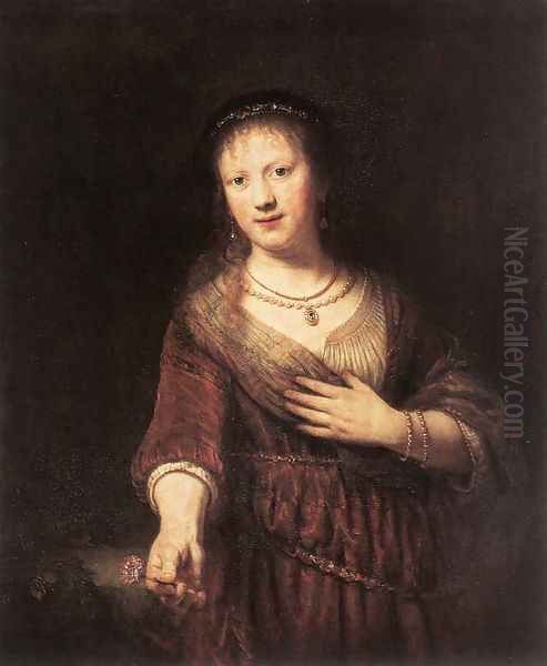 Portrait of Saskia with a Flower 1641 Oil Painting by Rembrandt Van Rijn