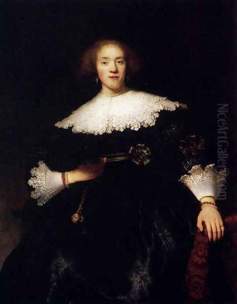 Portrait Of A Young Woman With A Fan Oil Painting by Rembrandt Van Rijn