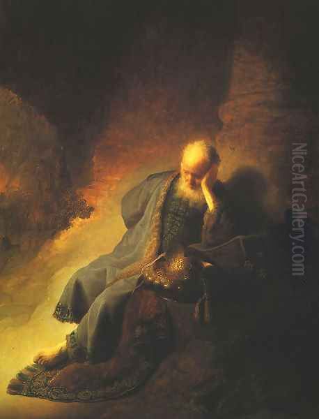 Prophet Jeremiah Lamenting the Destruction of Jerusalem Oil Painting by Rembrandt Van Rijn