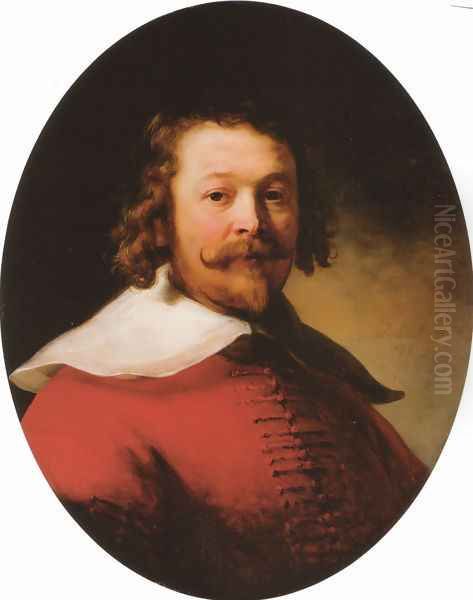 Portrait of a bearded man, bust-length, in a red doublet Oil Painting by Rembrandt Van Rijn